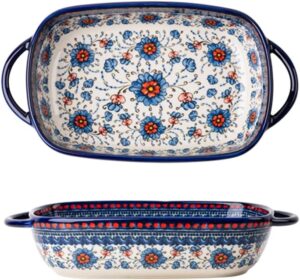 Bicuzat Blue and Orange Flower Vintage Style Ceramic Bakeware Casserole Dish Baking Pan